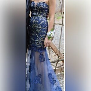 Blue Strapless Prom Gown with Lace Appliqué